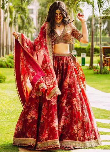 Trending Floral Printed Maroon Organza Lehenga Choli